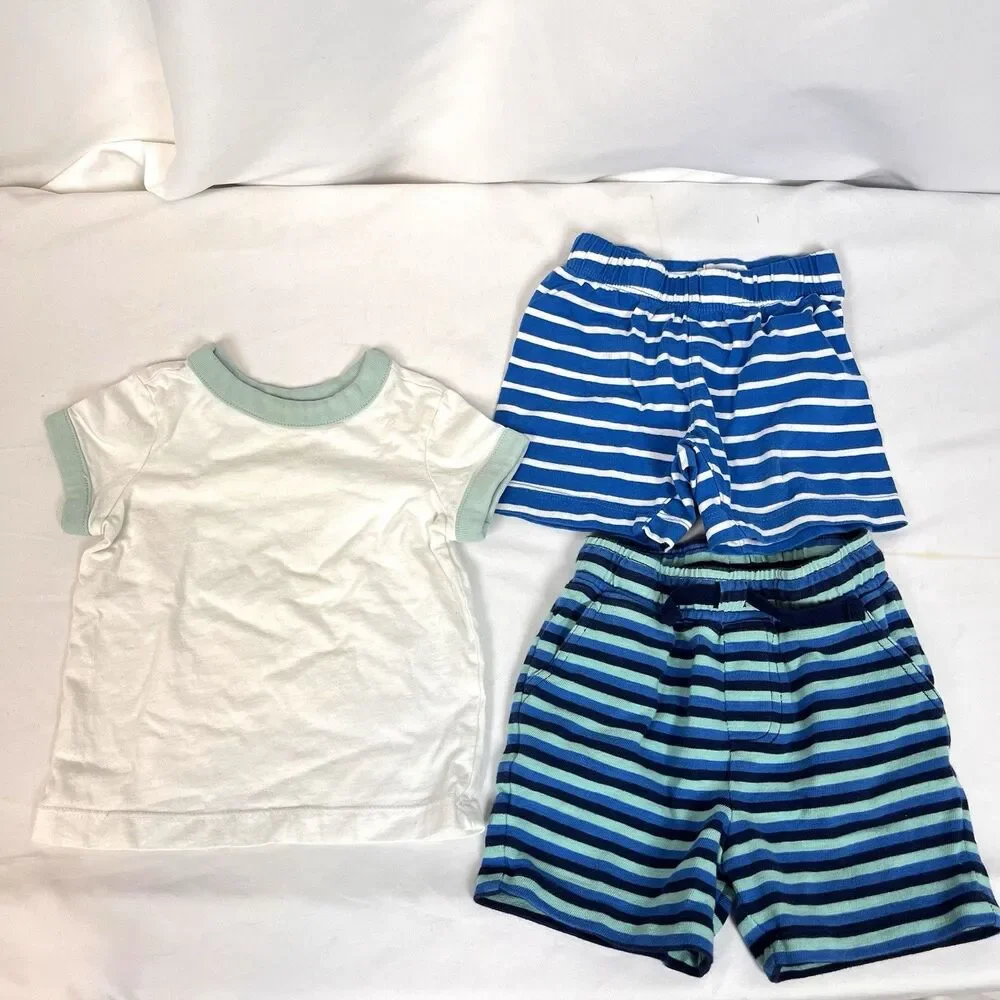 Hanna Andersson Baby 3 Pc Outfit Set 12-18M 75cm Blue Green Striped Shorts